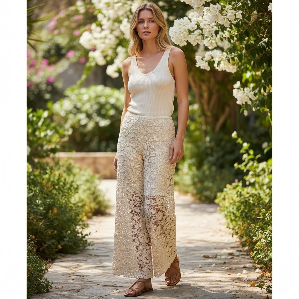 Zara Cream Floral Guipure Lace Wide Leg High Waisted Pants Trousers Small